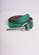 Ceinture fine 25mm en lurex brillant vert sapin fabriquée en France.