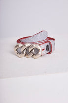 Ceinture fine pour femme en lurex brillant de couleur argent. 
