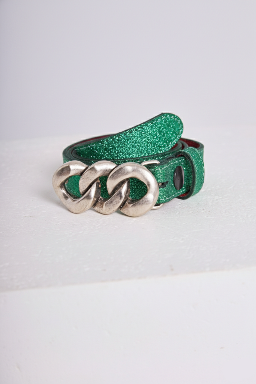 Ceinture fine pour femme en lurex brillant de couleur vert sapin