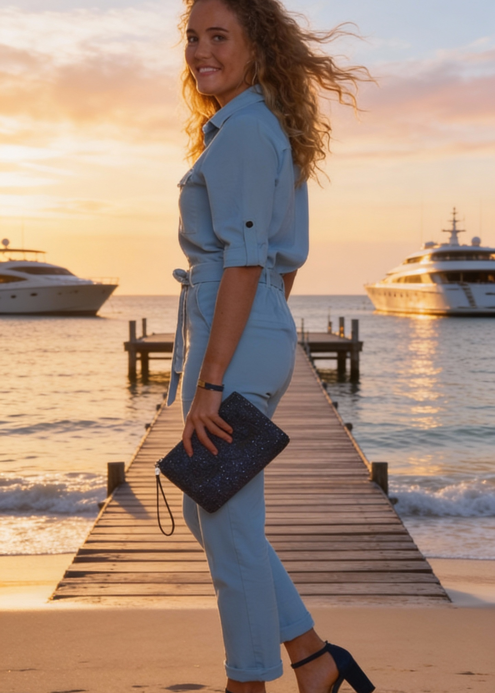 Combinaison en jean pastel pour femme couleur bleu ciel portée de profil.