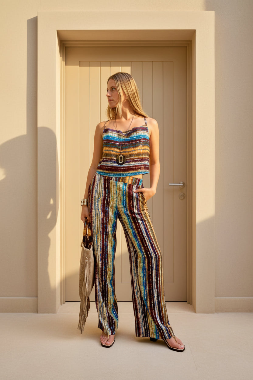 Ensemble d'été fluide avec top à encolure drapée et pantalon large pour femme.