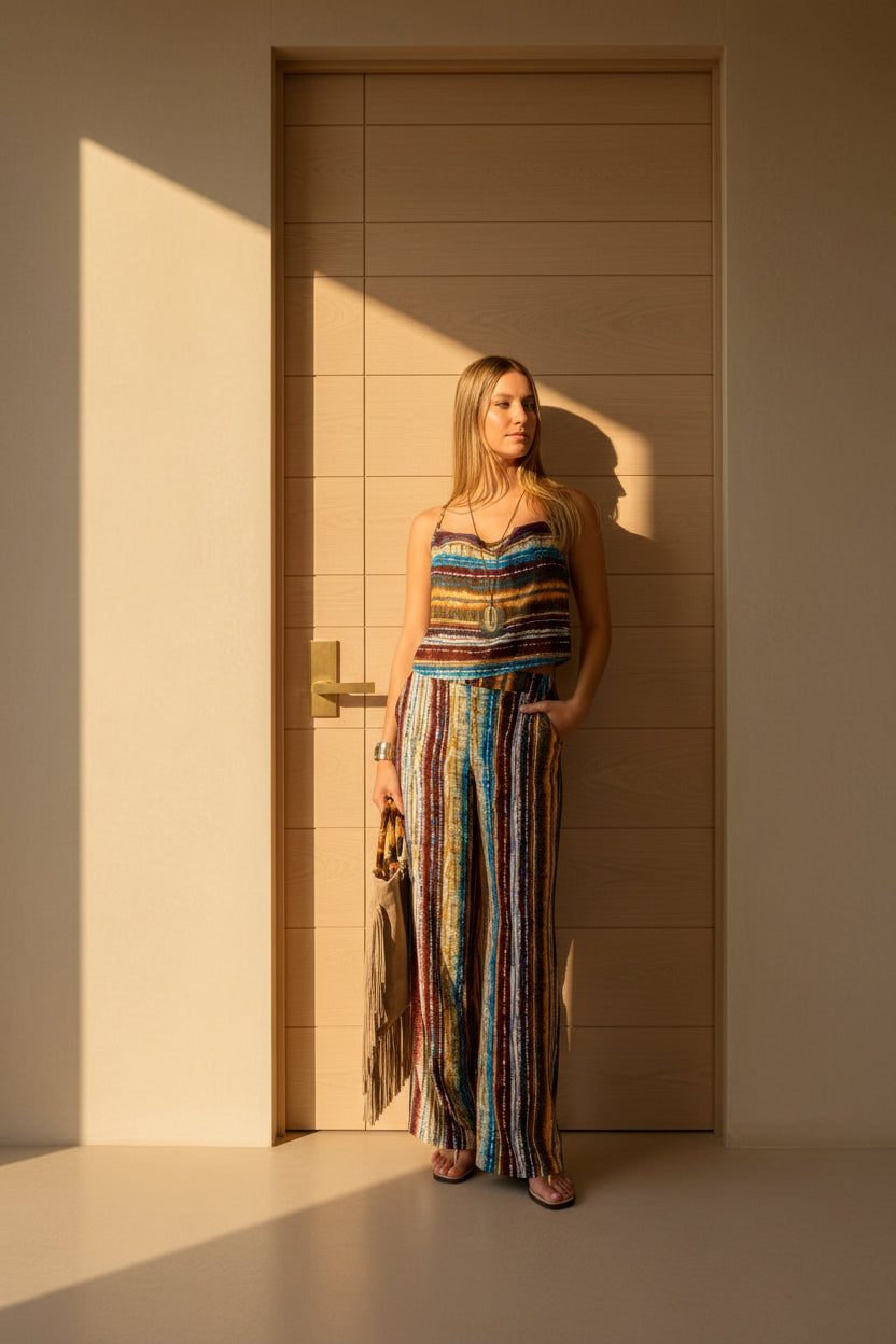 Ensemble d'été fluide avec top à encolure drapée et pantalon large pour femme vue de face.